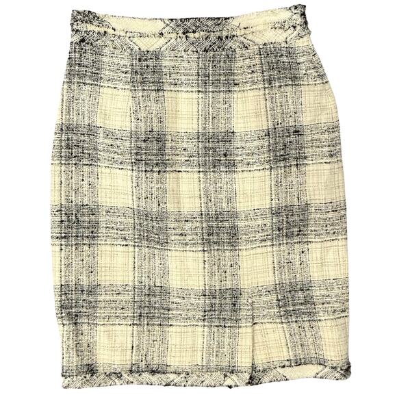 The Fold London Black Beige Tweed Plaid Midi Fringe Pencil Skirt Sz 8 US / 12 UK - Picture 2 of 9